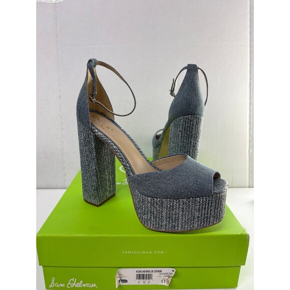 SAM EDELMAN Women's Blue Denim Kori Peep Toe Platform Block Heel Sandals Sz 11M - Picture 1 of 6